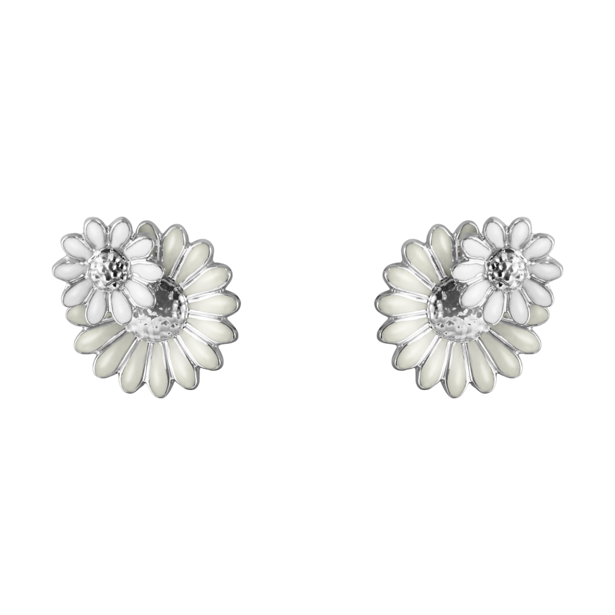 These dainty ear studs feature two layered daisies crafted in rhodium-plated sterling silver and hand-painted in different shades of white enamel. The design is a fresh reimagining of Georg Jensen’s iconic Daisy collection and created in collaboration with Copenhagen fashion designer Stine Goya.
