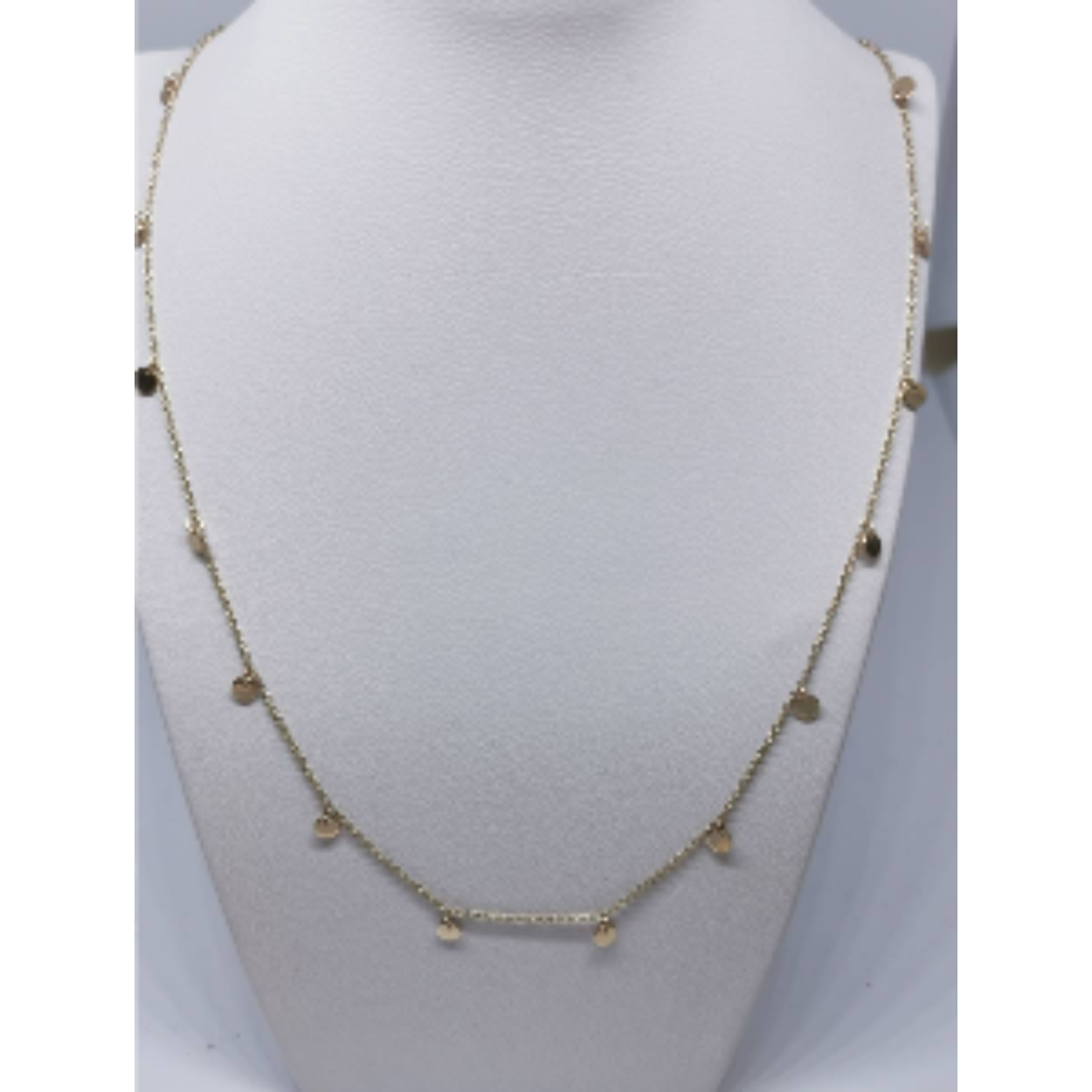 14 Karaat geel gouden anker collier met daaraan platte ronde cirkels. 
Collier is verstelbaar 42-44-46 cm. 