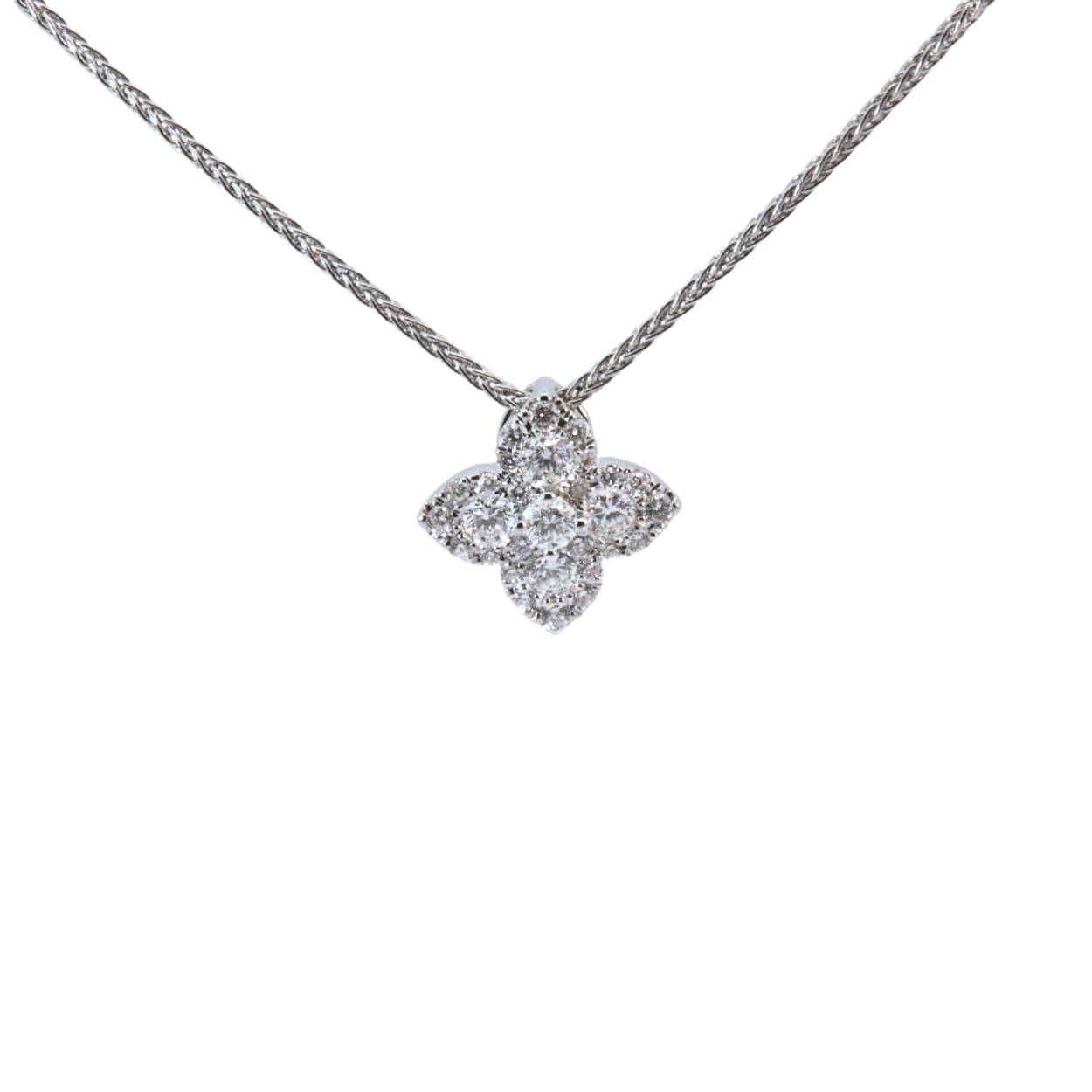 Hanger in 18KT wit goud, met diamanten in bloemvorm aan een 18KT wit gouden ketting