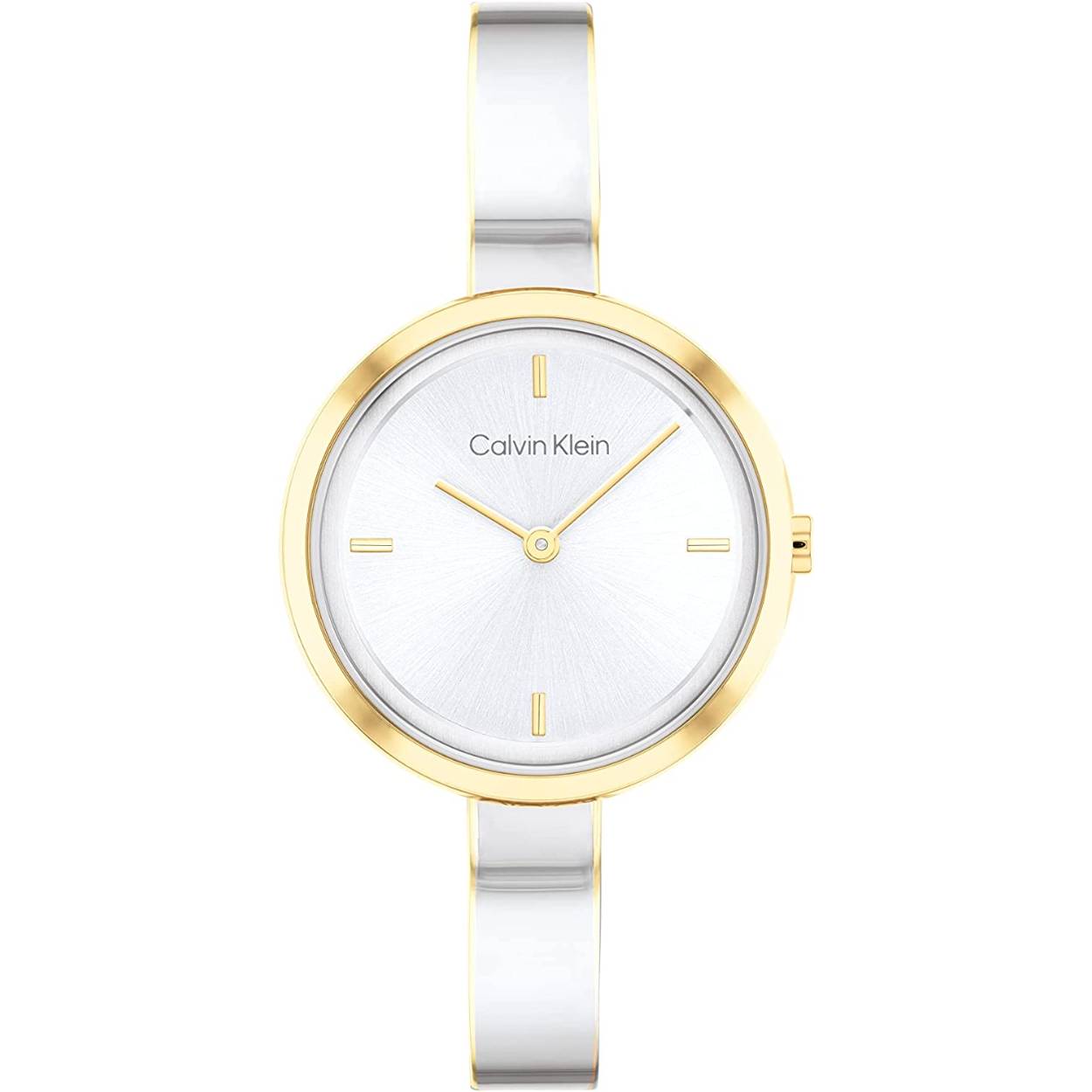 Calvin Klein dames horloge,  de bangleband is goudkleurig en zilverkleurig. waterdichtheid is 3ATM, mineraalglas.CK25200189