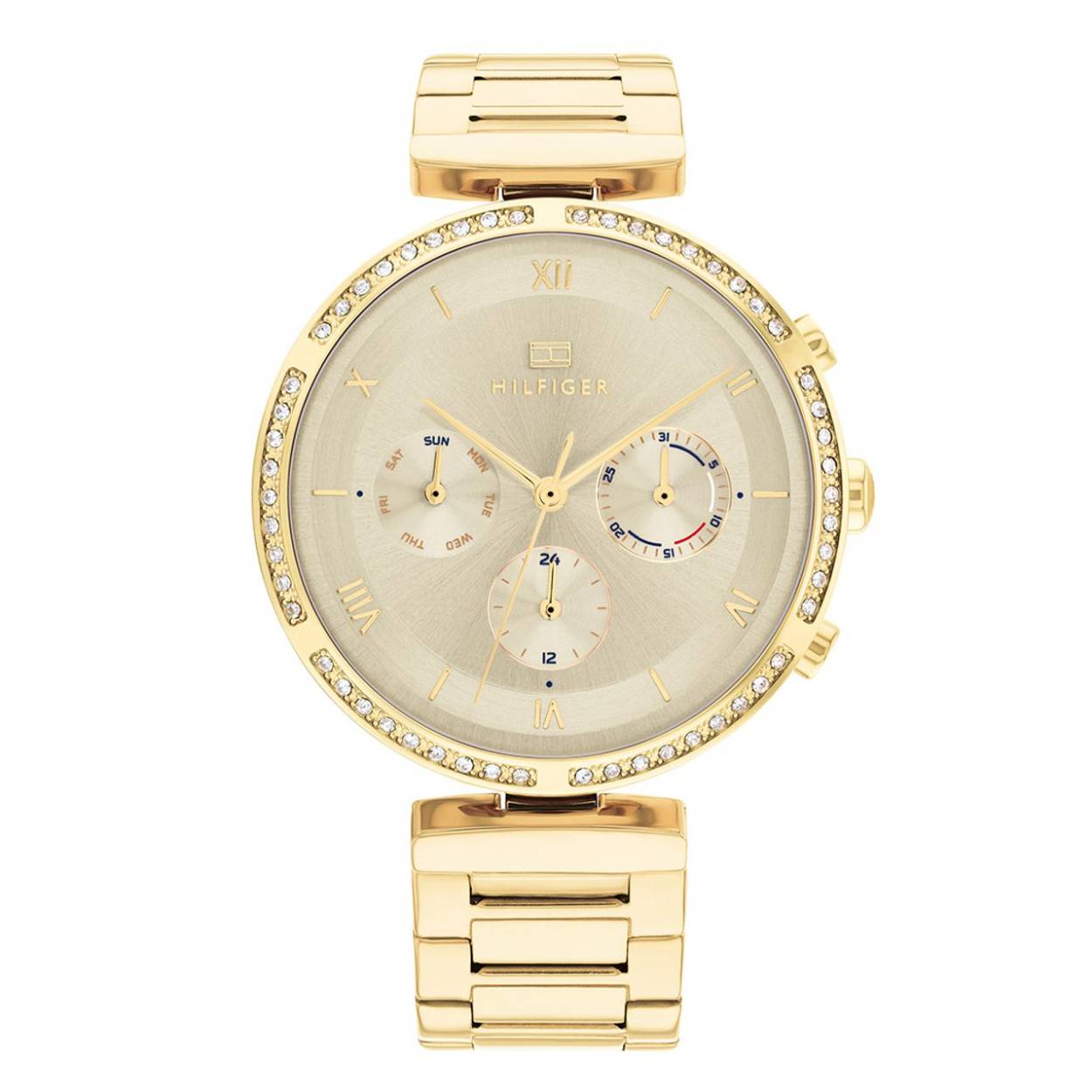 Dit horloge van Tommy Hilfiger uit de "Luna" collectie heeft een vergulde stalen band en kast met mat/glans afwerking. De wijzerplaat is goudkleurig met een dag, datum en 24-uurs aanduiding. 