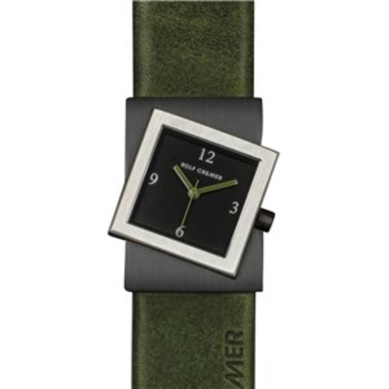 Rechthoekig horloge zwarte wijzerplaat en groene wijzers. Groen leren band
