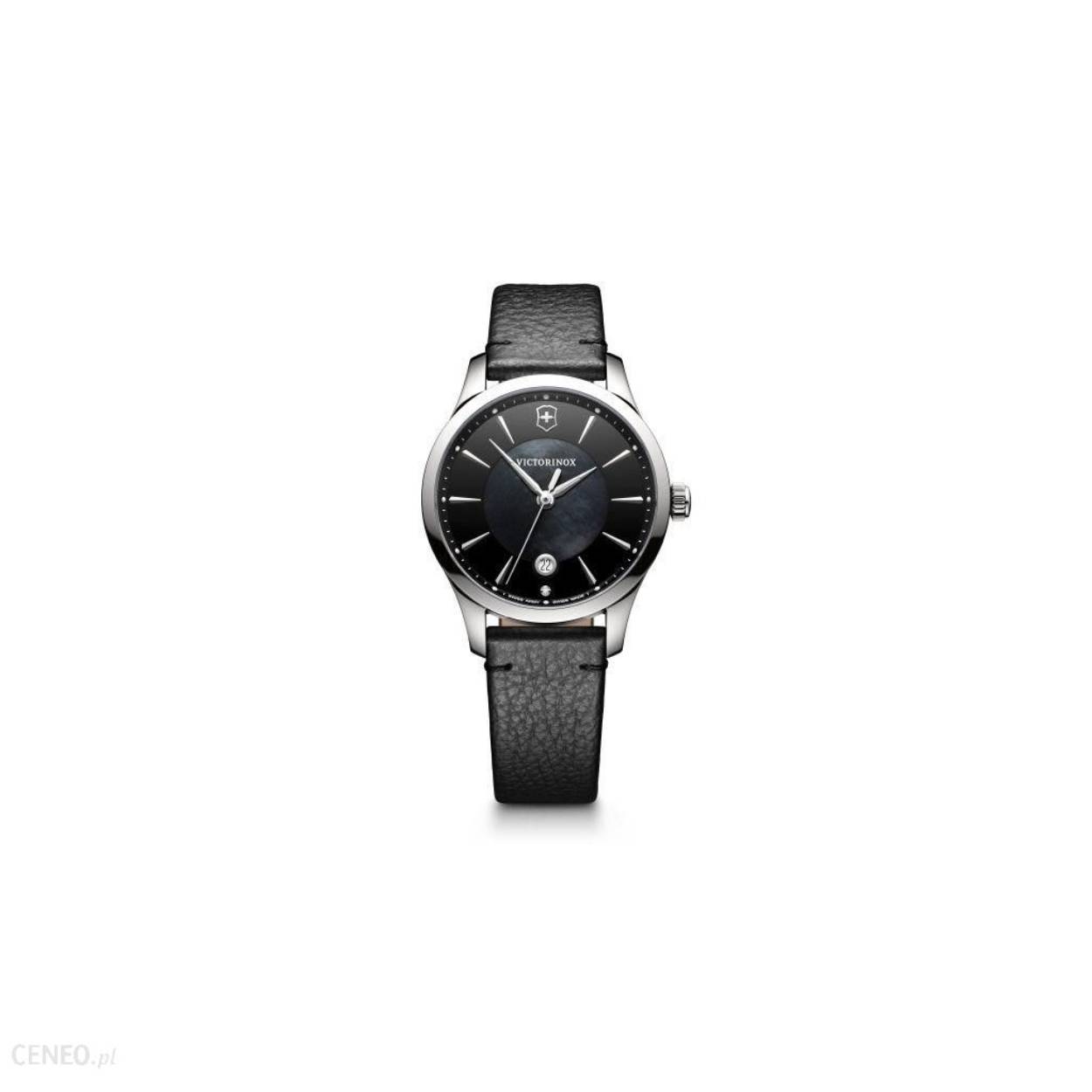Model No : 241754 - EAN : 7630000723772 - Band materiaal : Leer - Doelgroep : Dames - Glas : Saffierglas - Kast diameter : 31 mm tot 35 mm - Kastvorm : Tonneau - Kleur band : Zwart - Kleur horlogekast : Zilver - Kleur wijzerplaat : Parelmoer - Kleur wijzerplaat : Zwart - Materiaal kast : RVS - Merk : Victorinox - Ø mm : 35 - Sonstig : Geschroefde bodem - Tijd/Datum : datum - Tijd/Datum : Uren, min., sec. - Tijdsaanduiding : Analoog - Type sluiting : Gespsluiting - Uurwerk : Quartz (Batterij) - Waterdicht : 10 ATM