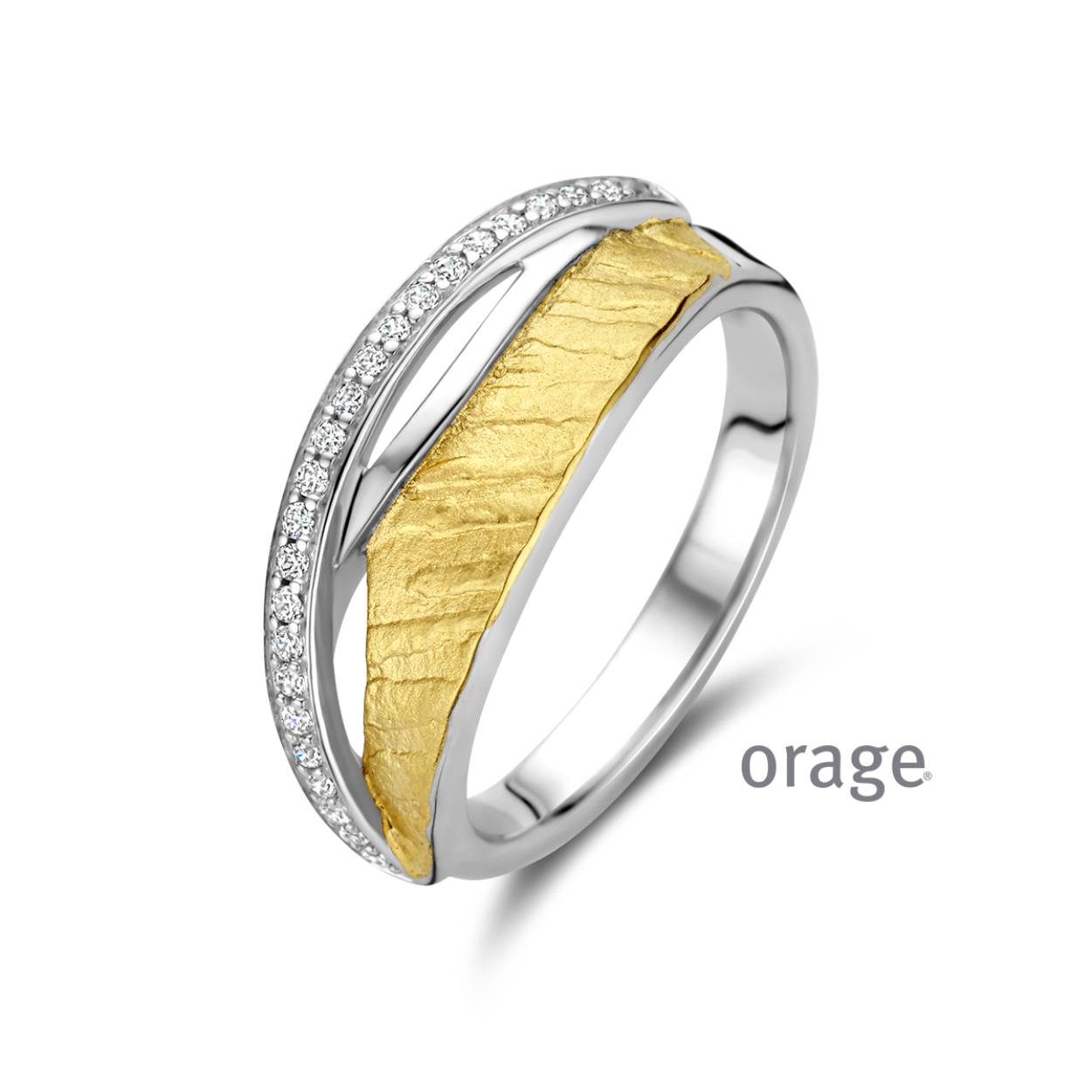 Bicolor (goud/zilverkleurige) ring met zirkonia's van het merk Orage
Maat: 54 (ook in andere maten verkrijgbaar)
Materiaal: 925 zilver, deels verguld
Bijhorende ketting met hanger en oorbellen, ook verkrijgbaar