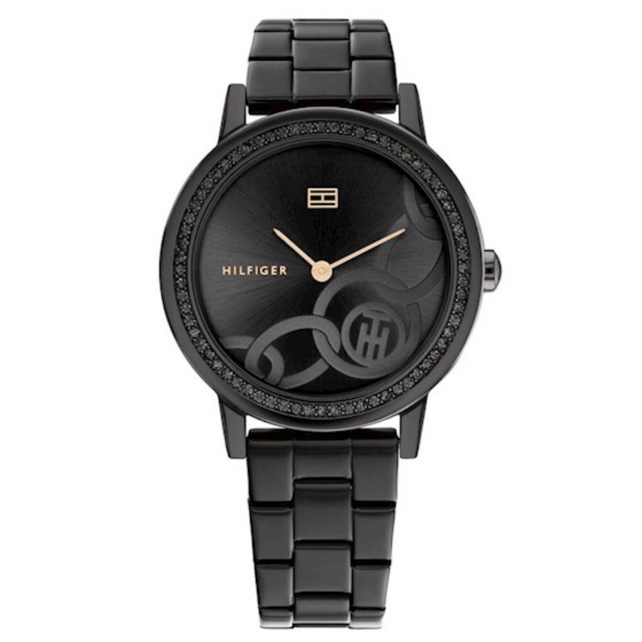 Mooi Tommy Hilfiger horloge met een zwarte stainless steel band en zirconia's rond de kast