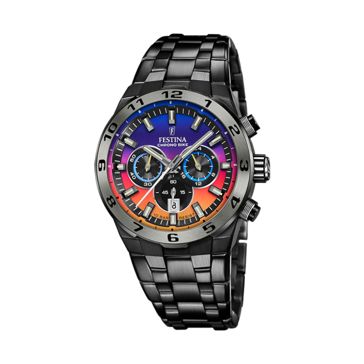 Dit Festina Horloge is een gelimiteerde oplage er zijn er wereldwijd maar 999. Het horloge heeft een zwarte edelstalen band met een wijzerplaat met meerdere kleuren. 