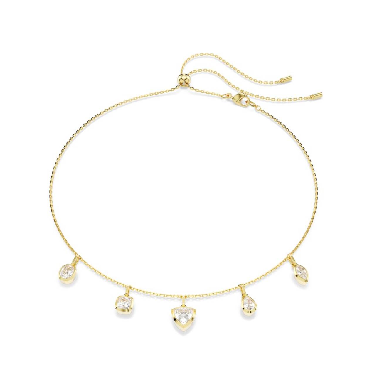 Versier uzelf met stralende lichtdruppels dankzij deze prachtige ketting met goudkleurige toplaag. Het Imber-ontwerp bestaat uit een reeks hangende Swarovski Zirkonia in verschillende vormen, elk in een moderne bezelzetting. Dankzij een innovatief trekmechanisme aan de achterkant kunt u de lengte van het sieraad aanpassen aan uw persoonlijke voorkeur. Draag deze ketting op elk moment van de dag voor een verfijnde uitstraling.
