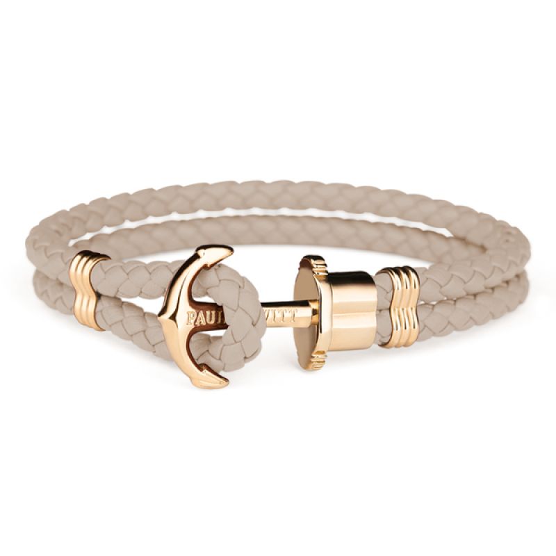 lichte beige leren Paul Hewitt armband met een goud vergulden anker sluiting. 17-18 cm