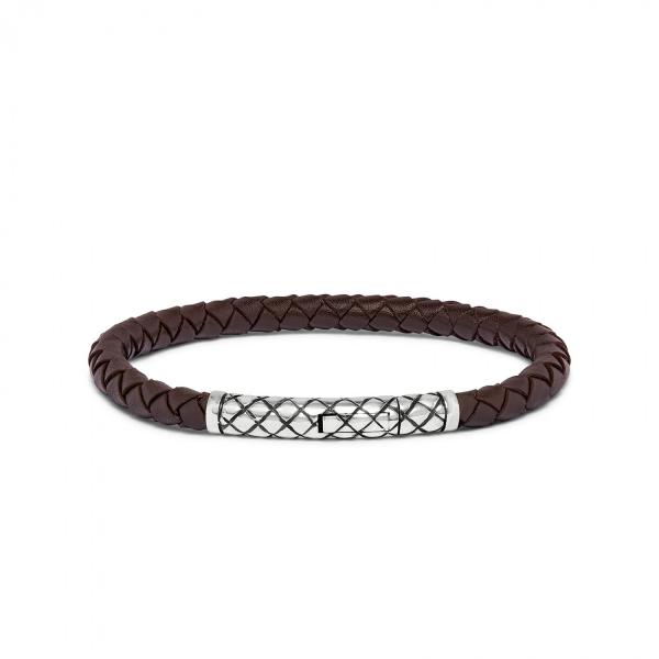 SILK ARMBAND ZILVER/ LEER 427BRN21 LENGTE 21CM , BRUIN LEER