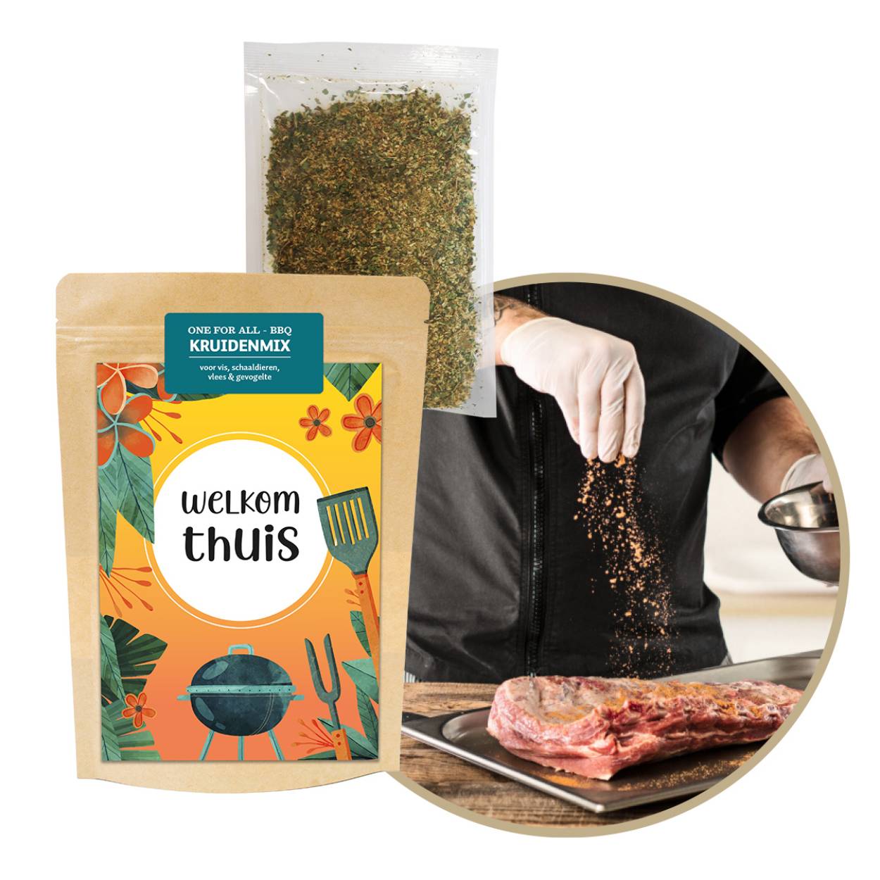 BBQ Kruiden • Natural Gifts • Spice Rub • Inhoud: 50 gr. BBQ Kruidenmix (ui, knoflook, zout, peper, koriander, suiker, mosterdmeel geel, peterselie, komijnzaad, rozemarijn, tijm) 