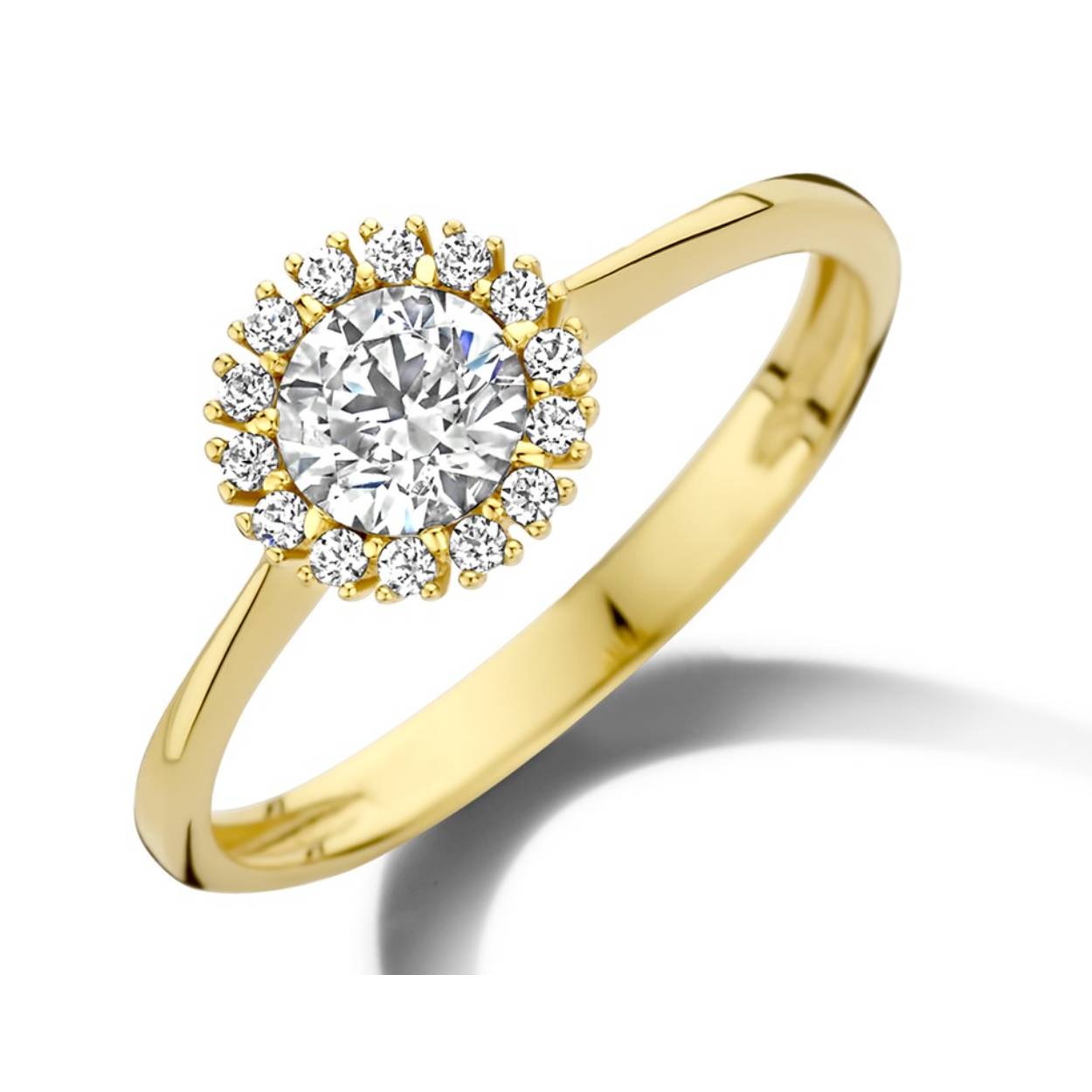 18 kt gouden ring met zirkonium
Type solitaire, verlovingsring
Bijhorende collier en oorhangers van deze set, ook verkrijgbaar
Ook verkrijgbaar in wit goud
De prijs kan variëren naargelang de goudprijs.