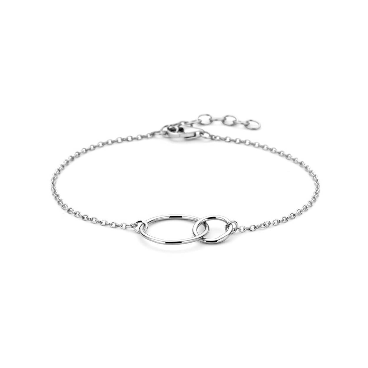 Gerhodineerd zilveren armband met open cirkels. De lengte bedraagt 16cm met 2.5cm extensie en de schakelbreedte is 1.2mm.