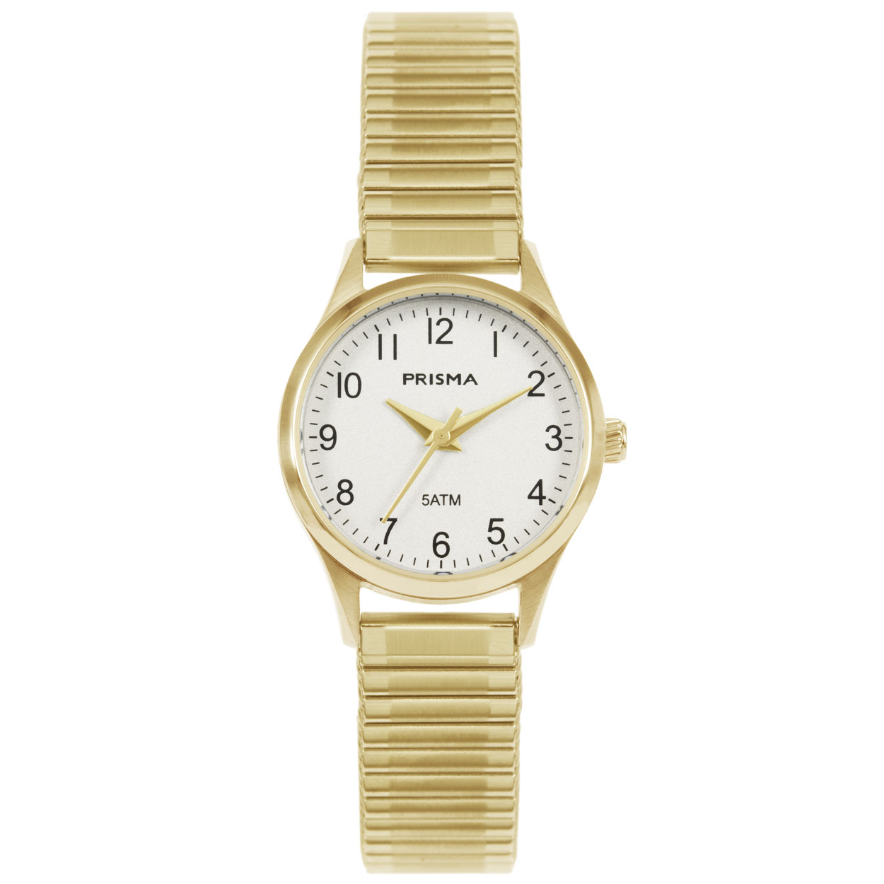 Prisma horloge 1172 dames edelstaal 5 ATM 

Algemeen
Geslacht: dames
Model: P.1172

Voordelen
- rekband sluit naadloos aan op de huid
- band edelstaal goudkleurig
- wijzerplaat goudkleurig met goudkleurige cijfers (arabisch)
- duidelijke tijdsweergave
- spat waterdicht: handenwassen, regen
- quartz
- maat kast 25mm (breedte) 8,5mm (dikte)