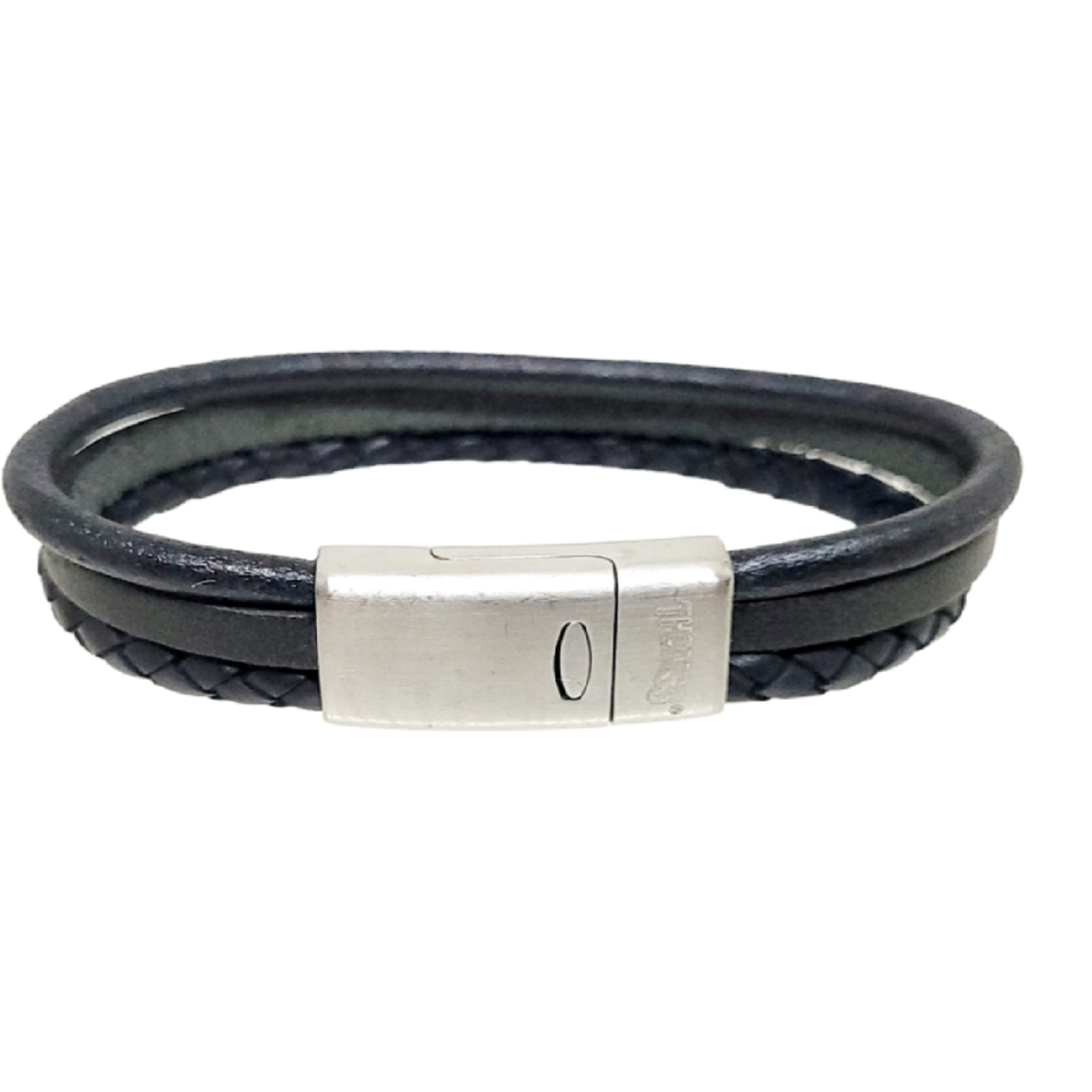 Matzwarte herenarmband van leer, van het merk Thomss. De armband bestaat uit 3 verschillende bandjes en heeft een zilveren magneetsluiting. De breedte van de armband is 1.3 cm en hij is 20 cm lang. De lengte is de standaard maat voor deze armband, maar hij kan in overleg ook langer of korter besteld worden.