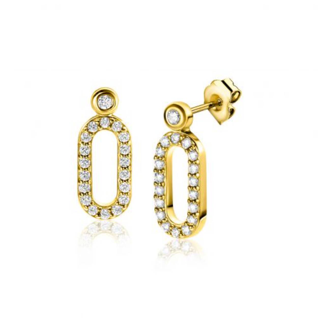 ZINZI gold plated zilveren oorstekers (13mm) met een open ovale vorm bezet met witte zirconia's