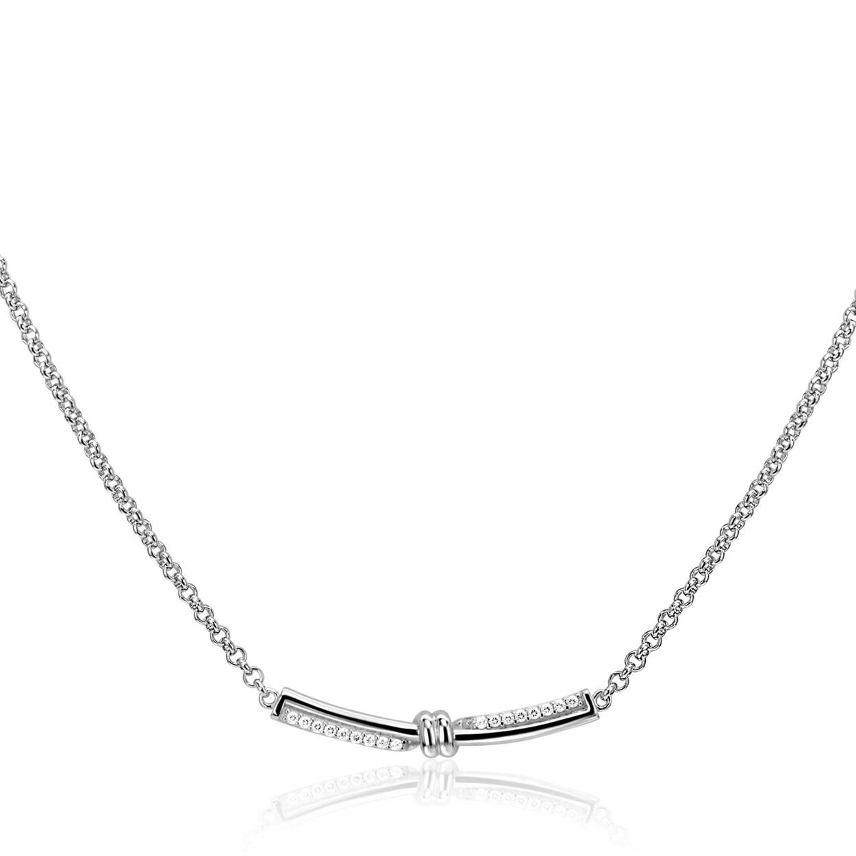ZINZI zilveren jasseron schakelketting met luxe twist hanger met knoop. Speels bezet met witte zirkonia's. De lengte van de ketting is te variëren tussen de 42cm en 45cm. De ketting is vervaardigd van eerste gehalte zilver (925) en voorzien van een extra rodiumlaag voor een langdurige glans.