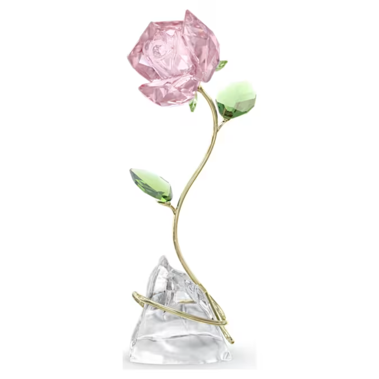 Deze beeldschone roze roos is geïnspireerd op een van de meest romantische natuurlijke symbolen. Hiermee haalt u de schoonheid van de natuur in huis. Het ontwerp is voorzien van 150 facetten die de elegante bloemblaadjes en groene bladeren vormen. De goudkleurige metalen stengel wikkelt zich elegant om een voetstuk van natuurlijk kristal zonder facetten. Deze vrijstaande roos staat voor eeuwige liefde en is een betekenisvol cadeau voor iemand op wie u gek bent. Er is geen vaas of onderstuk nodig. Decoratief voorwerp. Geen speelgoed. Niet geschikt voor kinderen jonger dan 15 jaar.

