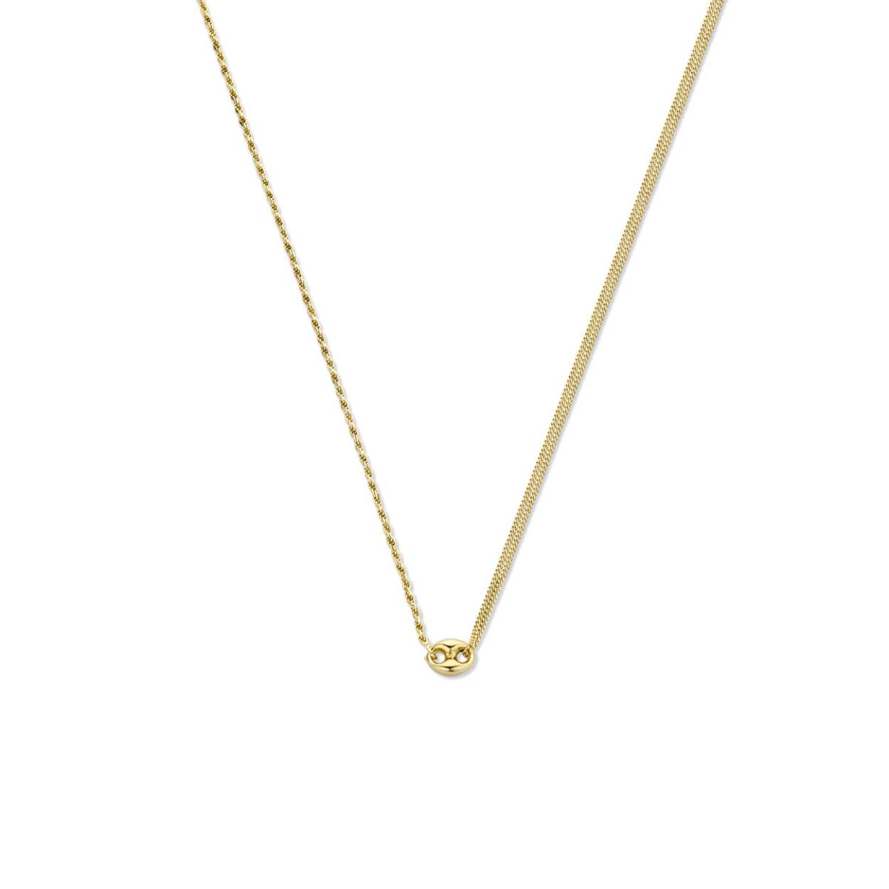 Geelgoud op 925 zilveren collier met een schakelachtig element van 8.5x11mm. Het collier heeft een draaglengte van 41cm en een extensie van 4cm. Uitgevoerd met een karabijn sluiting.