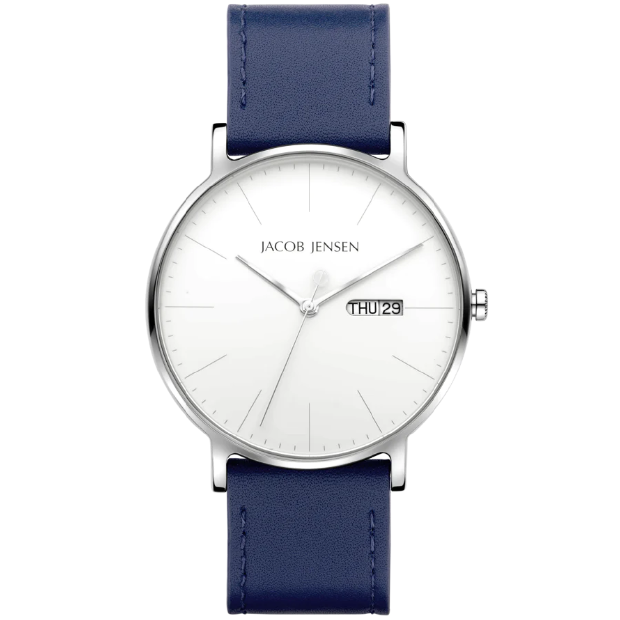 Jacob Jensen Timless Nordic JJ163. Een geweldig horloge gemaakt van duurzame en sterke materialen. De titanium horlogekast is huidvriendelijk en bovendien zeer licht van gewicht. Het 40 mm brede JJ162-horloge beschikt ook over een saffierglas, een gestreepte index en een betrouwbaar quartz uurwerk. De leren band is flexibel en in verschillende maten te verstellen.