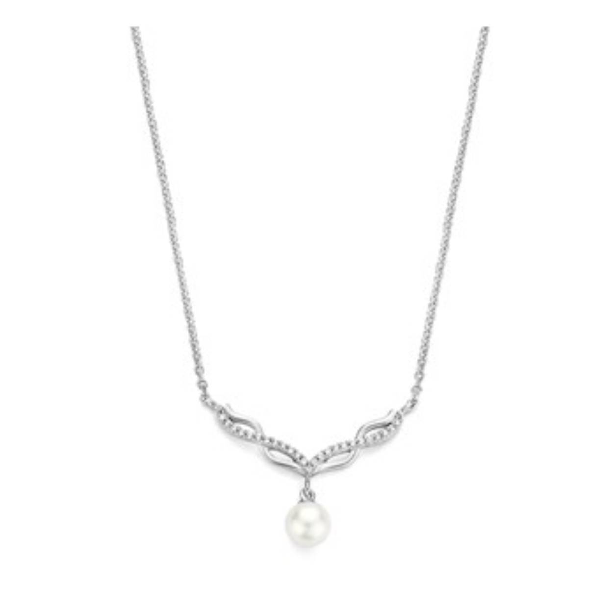 Gerhodineerd 925 zilveren collier uitgevoerd met een zoetwaterparel en een schitterende zirkonia rij. Het collier heeft een draaglengte van 42cm met een extensie van 3cm en een stevige karabijn sluiting