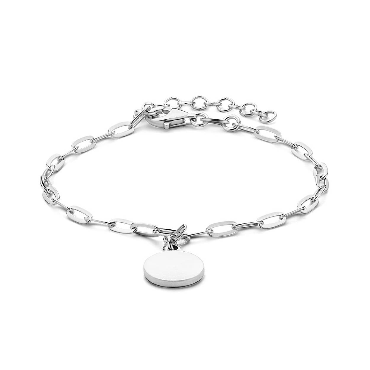 Gerhodineerd 925 zilveren armband uitgevoerd met een 10mm ronde hanger en een karabijn sluiting. De armband heeft een draaglengte van 16cm en een extensie van 3cm.