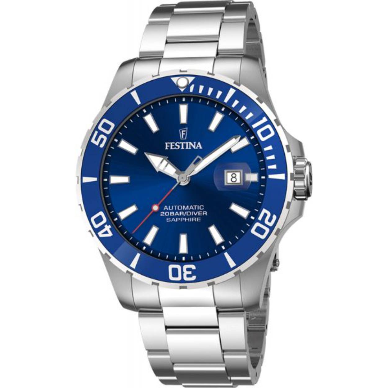 Festina automaat horloge
Dit horloge heeft een stalen schakelband met blauwe wijzerplaat.
Op het uurwerk is ook datumaanduiding
20 ATM waterdicht