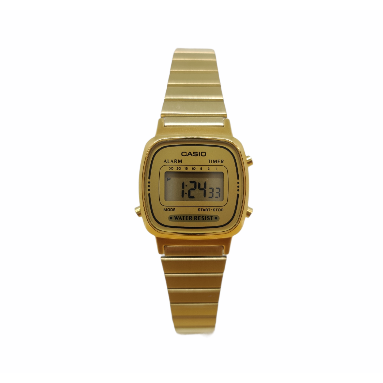 De Casio-horloge LA670WEGA-9EF (modelnummer 4971850935155) heeft een digitaal display, gouden metalen kast van 20 mm en een gouden polsband. Geen datumfunctie en is niet anti-allergeen. Beste gedragen als een modieuze polshorloge, ideaal voor dagelijks gebruik dankzij het stijlvolle en klassieke ontwerp. Perfect te combineren met zowel formele als casual outfits.