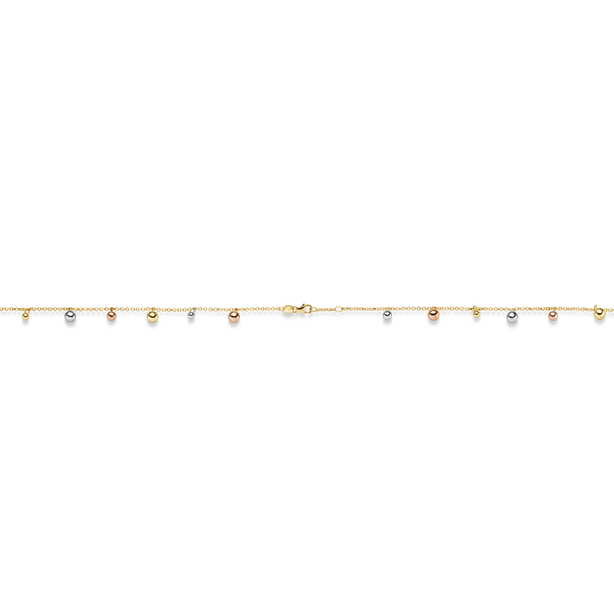 Deze prachtige 14krt Tricolor Bolletjes armband is een echte eyecatcher. De armband bestaat uit drie verschillende kleuren goud: geelgoud, witgoud en roségoud. Het bolletjesontwerp geeft de armband een speels en elegant tintje. Deze armband kan zowel solo gedragen worden voor een subtiele look, of gecombineerd met andere armbanden voor een meer statement look.