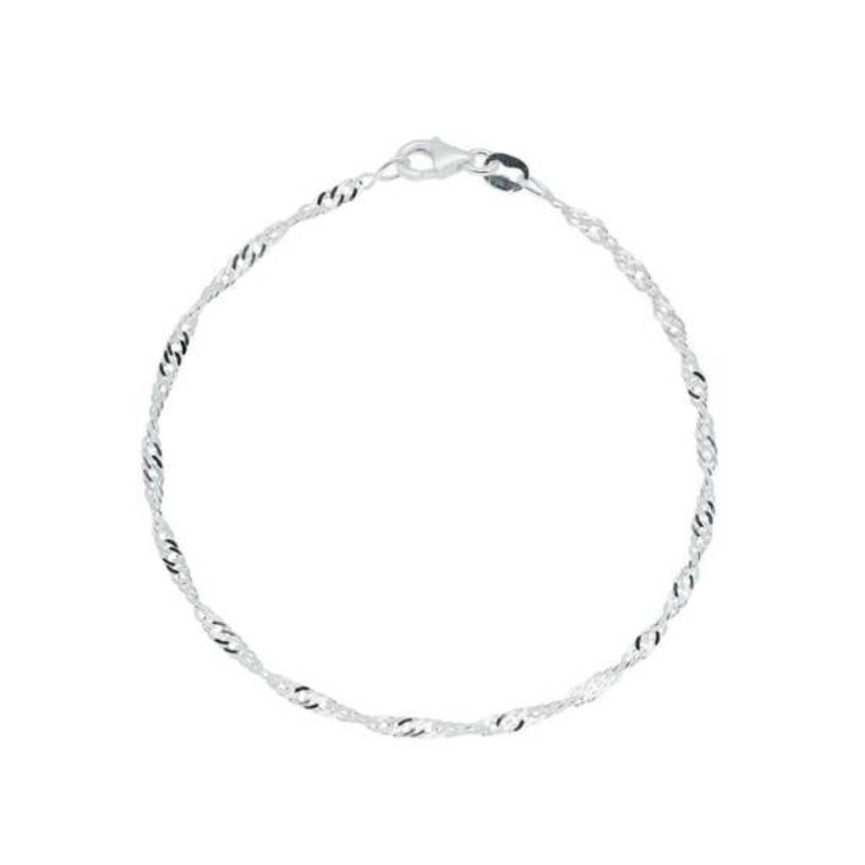 Zilveren armband singapore schakel met karabijnsluiting.
Lengte: 19 cm
Breedte: 2.5 mm
