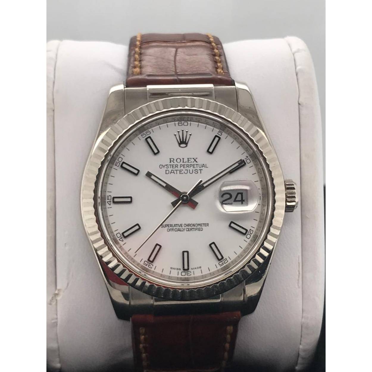 Rolex datejust, lederen band, 36 mm, 18krt Witgoud
