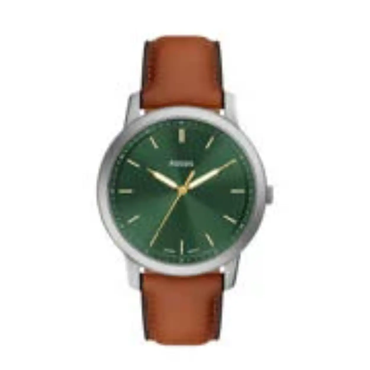 Deze Minimalist van 44 mm heeft een groene sunray-wijzerplaat, een uurwerk met drie wijzers en een bruin leren bandje.