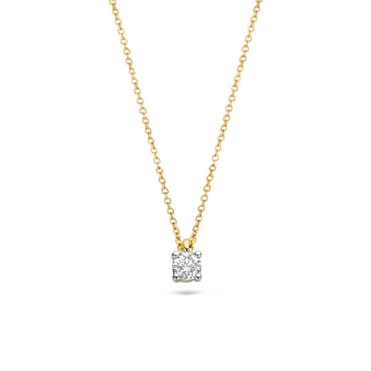Dit 14k gouden collier sprankelt met een diamant gezet in een geel- met witgouden hanger. De diamant heeft een karaatgewicht van 0,10 en de ketting is 42 cm lang. Draag dit prachtige collier alleen of combineer het met andere sieraden uit onze collectie.
