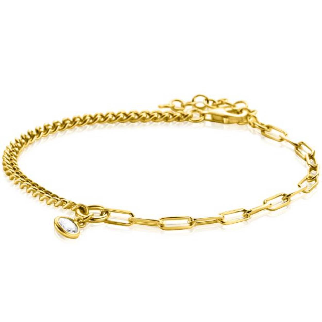 ZINZI gold plated zilveren armband met twee trendy schakels gecombineerd: gourmet en paperclip schakels. Met in het midden een bungelende witte zirconia. De schakels zijn 2,8mm breed. De lengte is te variëren tussen 17 en 20cm. De armband is vervaardigd van eerste gehalte zilver (925) en extra geelverguld.