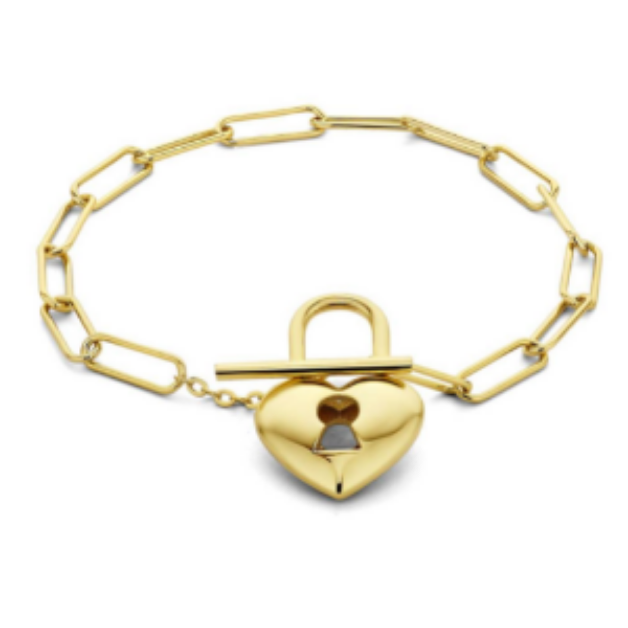 Geelgoud op 925 zilveren armband uitgevoerd met een hartje en een slot. De armband heeft een draaglengte van 16.5cm en een schakelbreedte van 3.5mm. Geen garantie op de plating.
