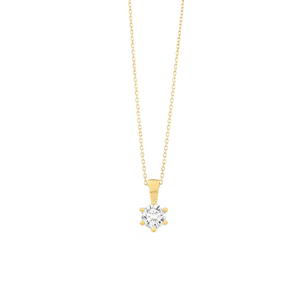 14-karaats geelgouden collier met hanger met diamant. 
Collier: lengte: 42 cm.
Diamant: grootte: 0.10 crt. Kleur en zuiverheid: H, SI