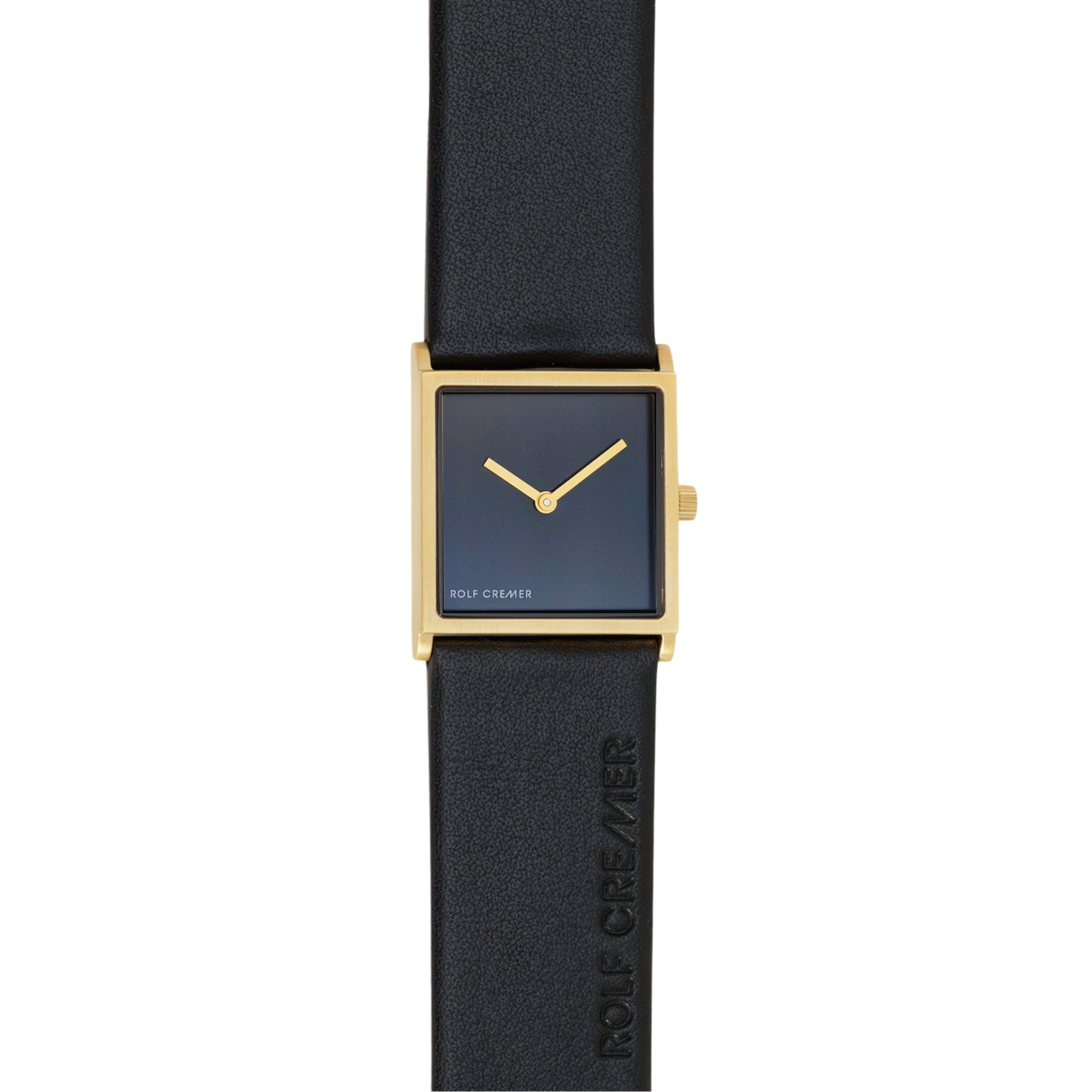 Vierkant horloge met goudkleurige kast en zwarte wijzerplaat, zwart leren band.
