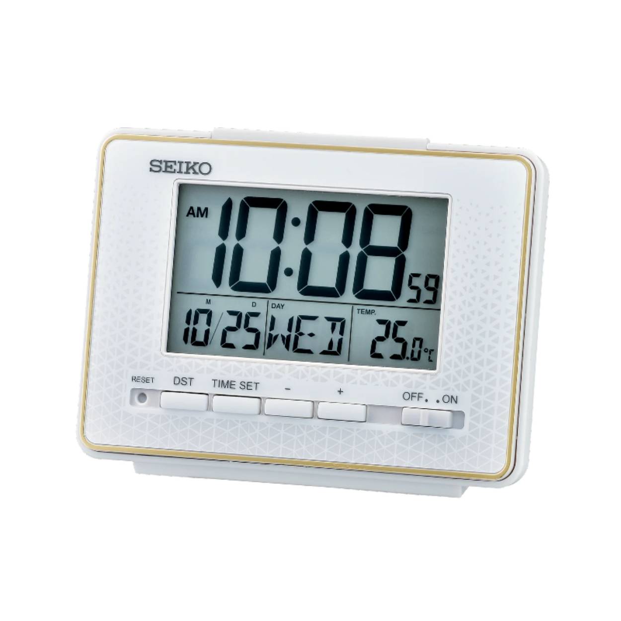 Digital 
Automatic alarm stop function (5 minutes)
Beep alarm
Snooze
Light
Calendar
Thermometer
Plastic case
AA x 2
9.3 x 12.3 x 4.8 cm.