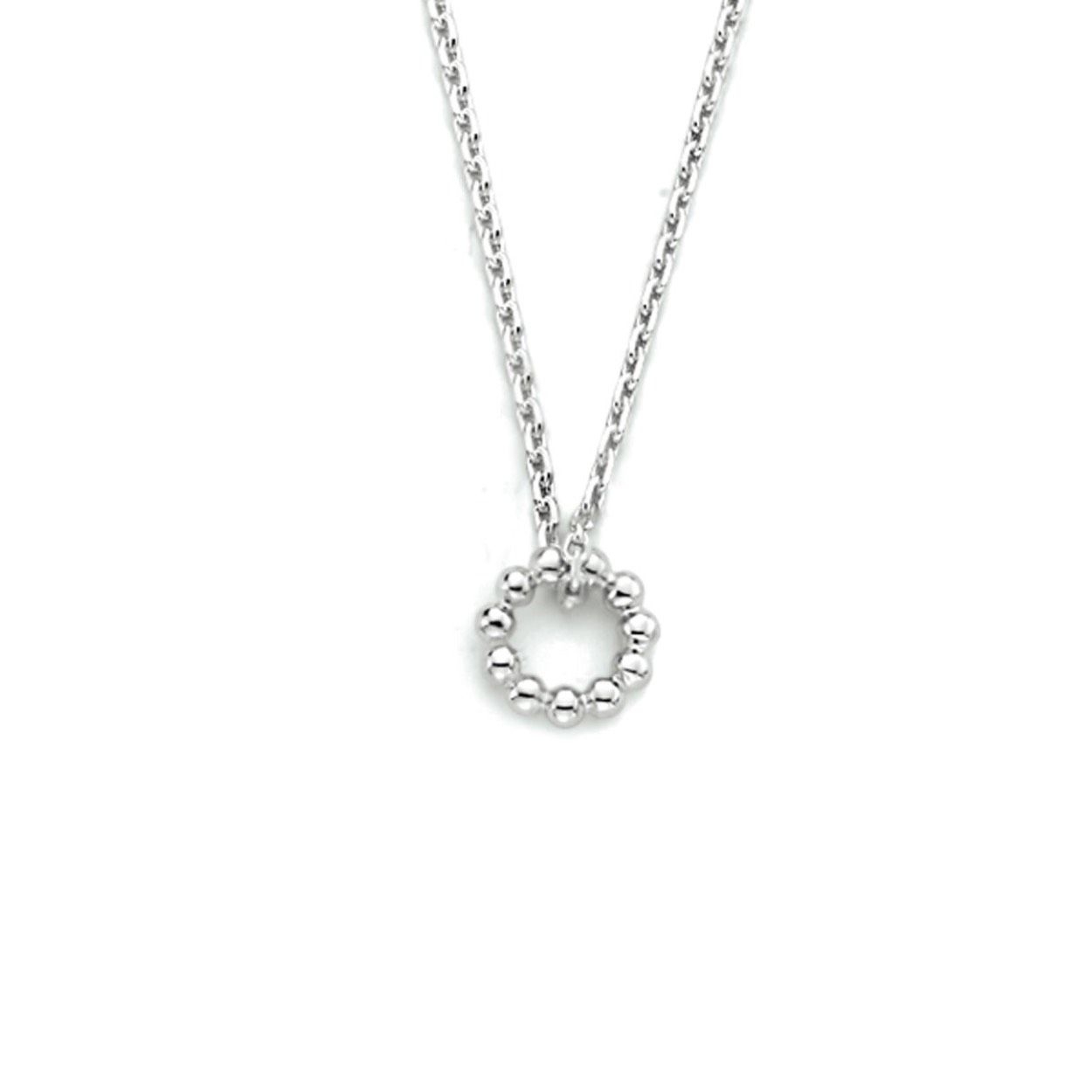 Gerhodineerd 925 zilveren collier uitgevoerd met een ronde hanger. Het collier heeft een draaglengte van 41cm met een extensie van 4cm en een stevige karabijn sluiting. Het hangertje heeft een diameter van 7mm. De schakelbreedte is 1.1mm.