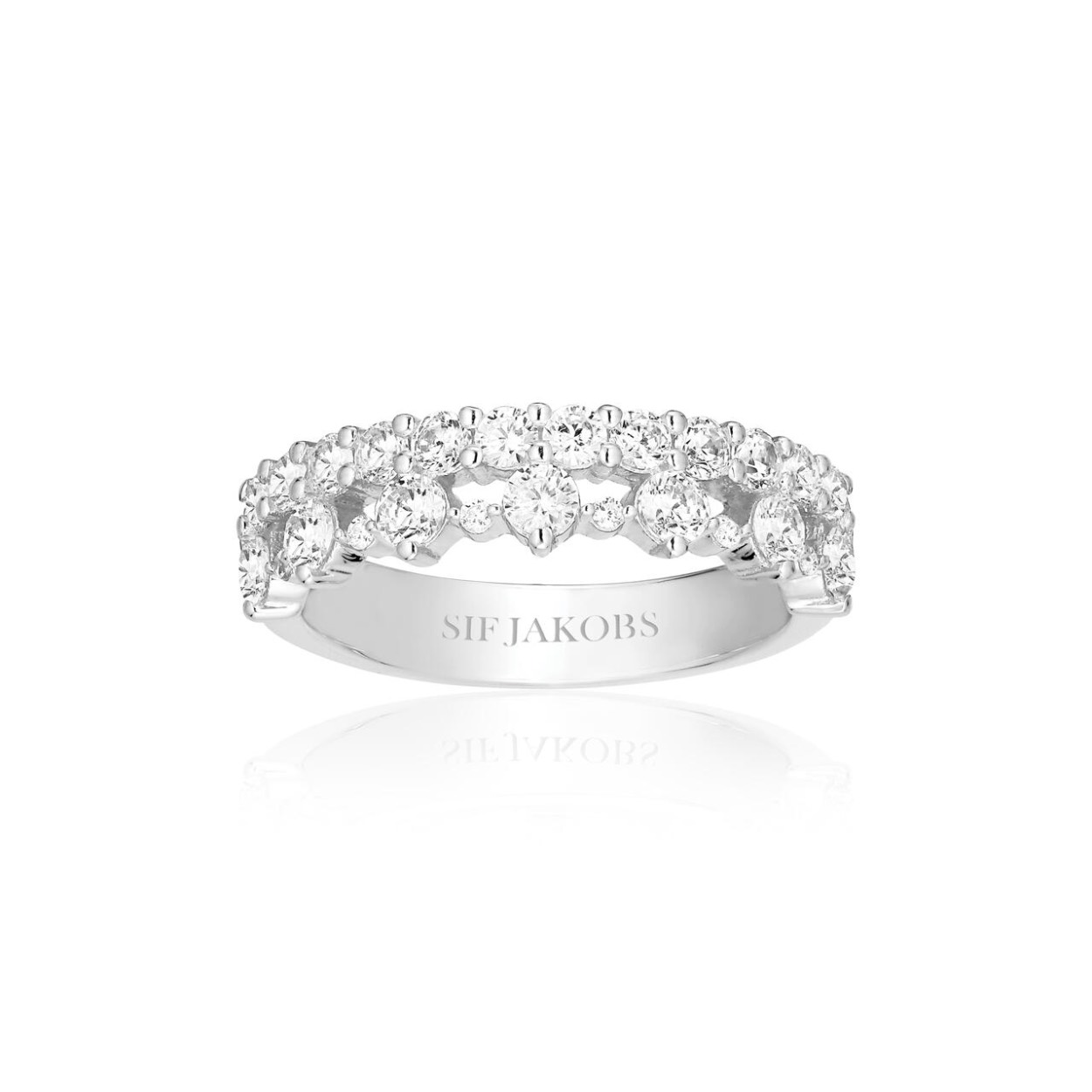 Ring gemaakt van 925 sterling zilver met gerhodineerd oppervlak, gepolijst oppervlak en hoorn met facetgeslepen witte zirkonia.

Ringafmetingen: Breedte 5,7 mm, dikte 2,5 mm