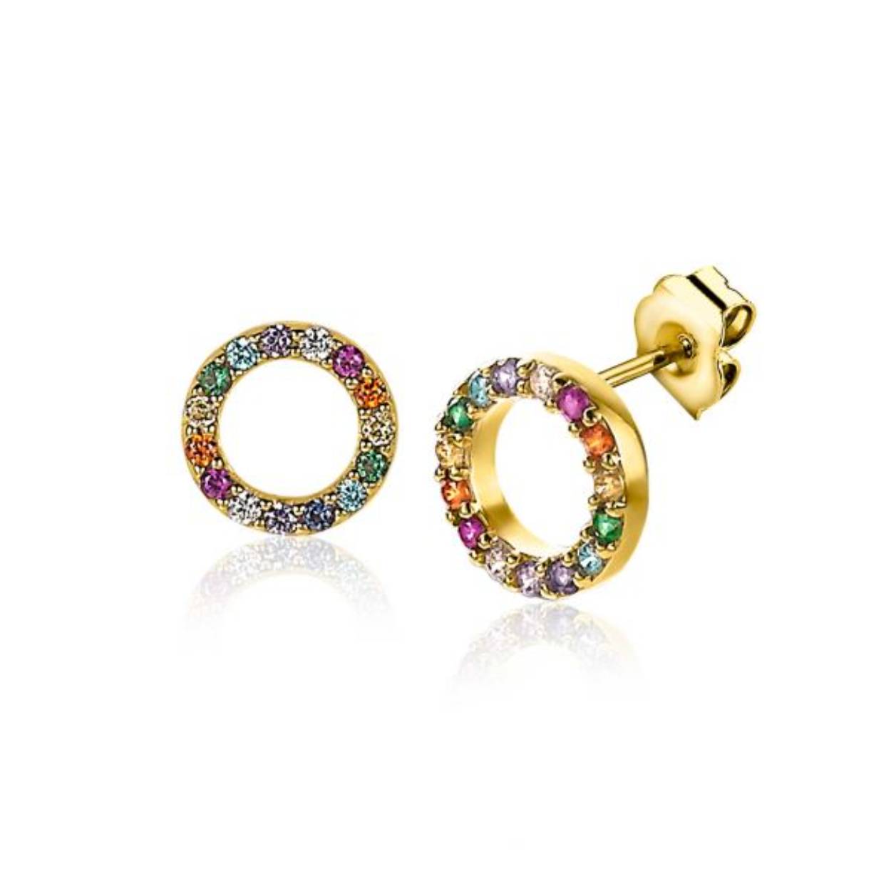 ZINZI zilveren oorknoppen 8mm in ronde vorm bezet met een regenboog aan kleurstenen. Deze subtiele maar schitterende oorsieraden geven elke outfit kleur! Maak je look compleet met de bijbehorende hanger en ring.  Vervaardigd van eerste gehalte zilver (925) en extra 14K geel verguld.