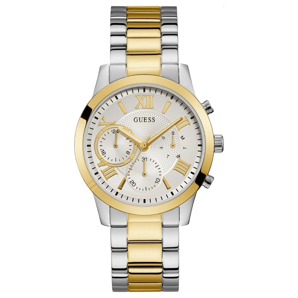Dit bi-color dames horloge is verfijnd en elegant. De goud met zilverkleurige Solar heeft een subtiele uitstraling en past bij elke outfit. Het horloge heeft een ronde kast met een diameter van 40 mm. De schakelband sluit middels een vouwsluiting die zorgt voor extra draagcomfort. De wijzerplaat met Romeinscijfers is goed zichtbaar door het heldere mineraalglas. Het horloge is tot 5 ATM waterdicht en heeft een band lengte van 19 cm. Model: W1070L8