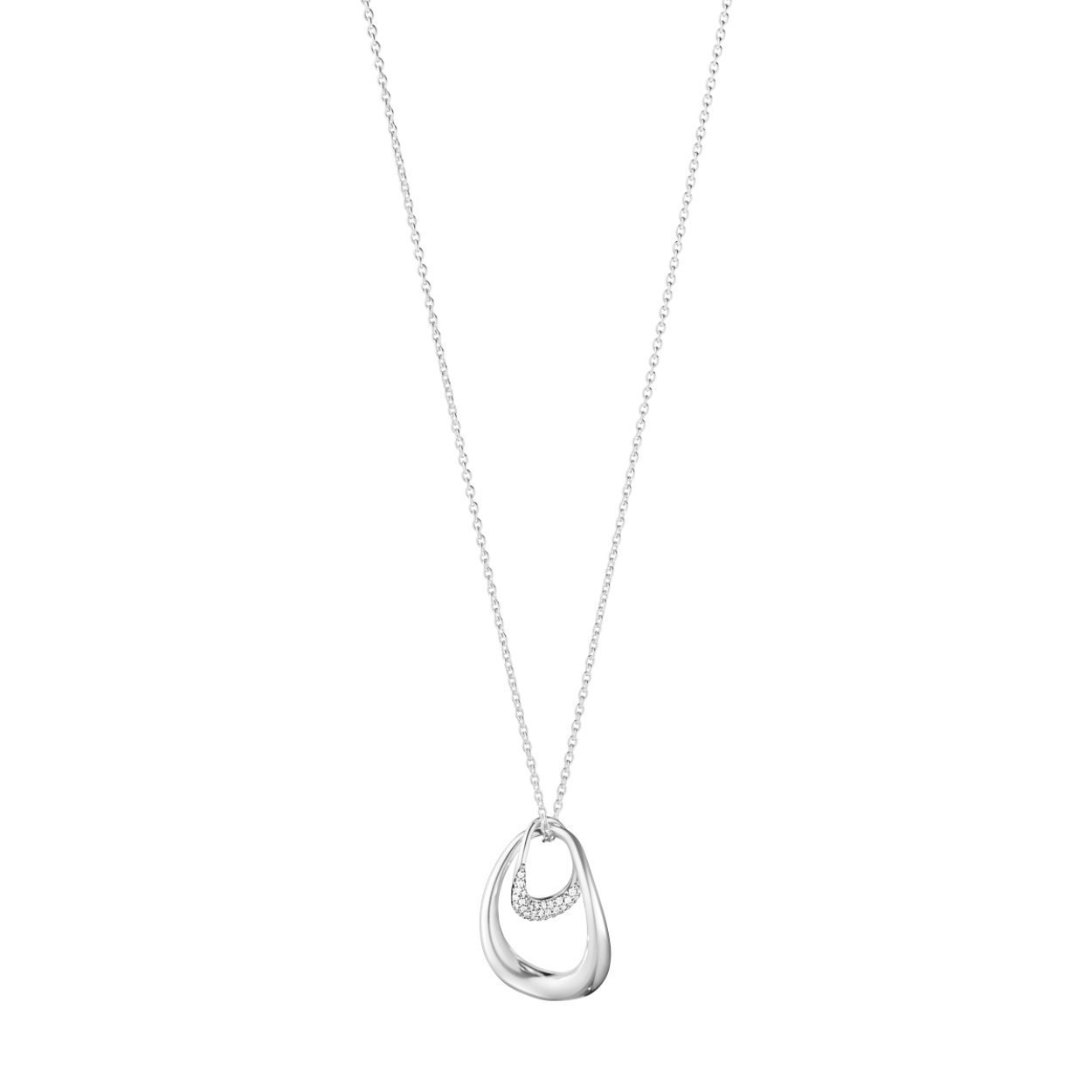 Two sterling silver organic forms - one pavé set with diamonds - are linked together forever, symbolising perhaps the bond between mother and child, two lovers or even close friends. This beautifully designed pendant has an emotional impact that makes it an unforgettable gift.