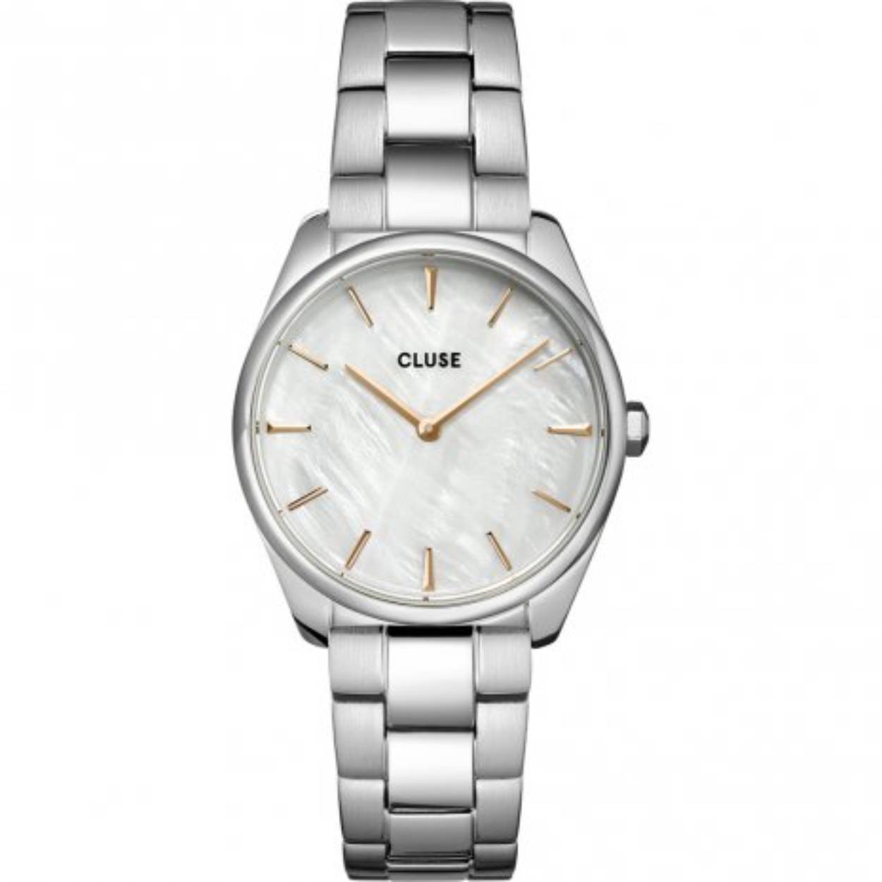 Klein eigentijds minimalistisch dameshorloge met parelmoer wijzerplaat