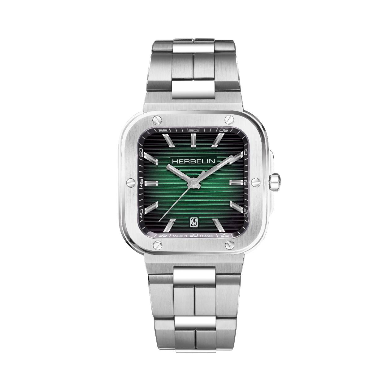 Cap Camarat breidt haar collectie uit met dit nieuwe model met een unieke vorm. De roestvrijstalen kast van deze nieuwe Cap Camarat is vierkant met afgeronde hoeken. Hij vormt een geheel met de geïntegreerde band en geeft dit horloge een moderne en sportieve uitstraling. De horizontaal gepolijste groene achtergrond geeft Cap Camarat een vleugje elegantie. De Herbelin-horloges zijn het resultaat van traditionele Franse horlogemakerskunst.
