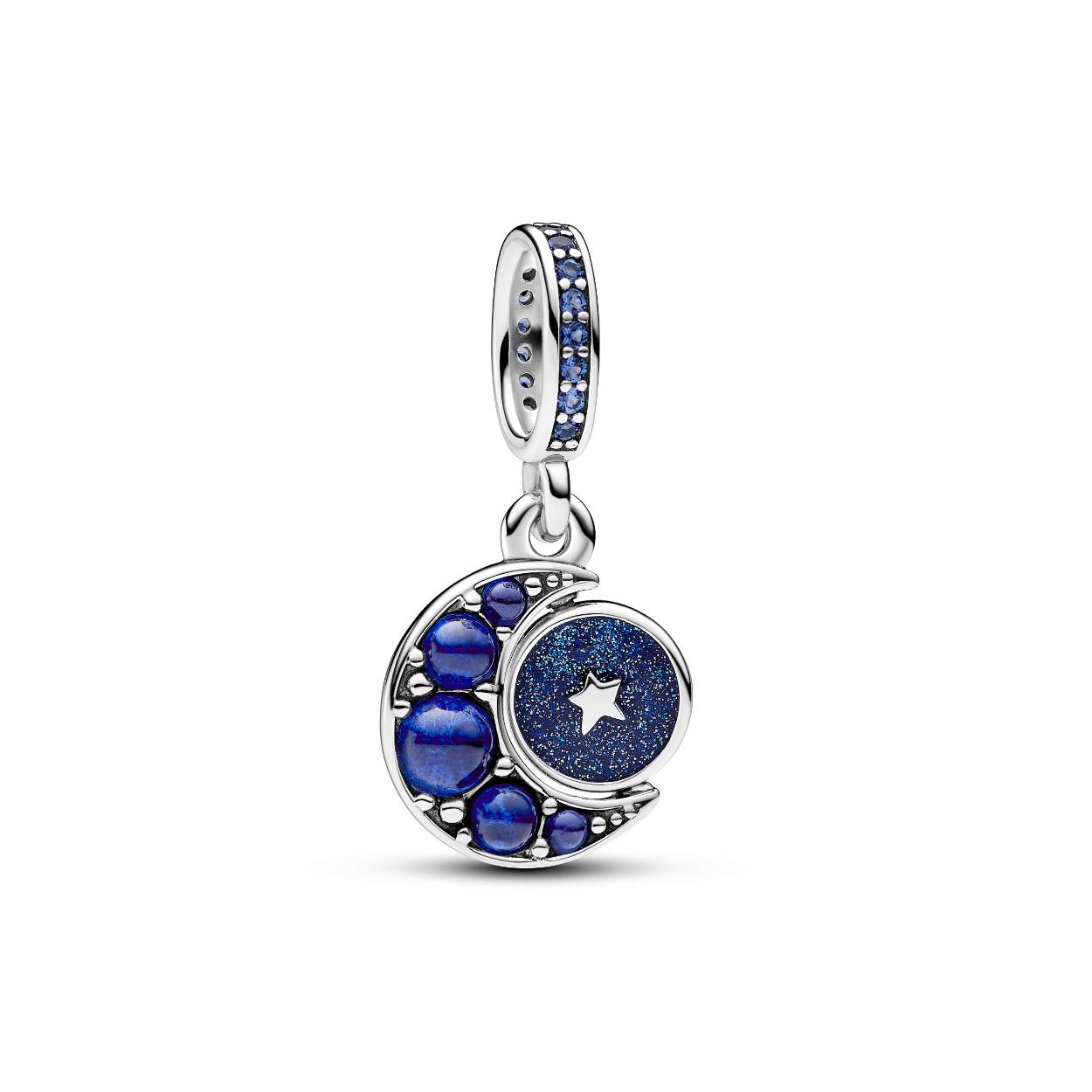 Pandora Crescent moon sterling silver dangle with royal blue, stellar blue and skylight blue crystal and shimmering blue enamel