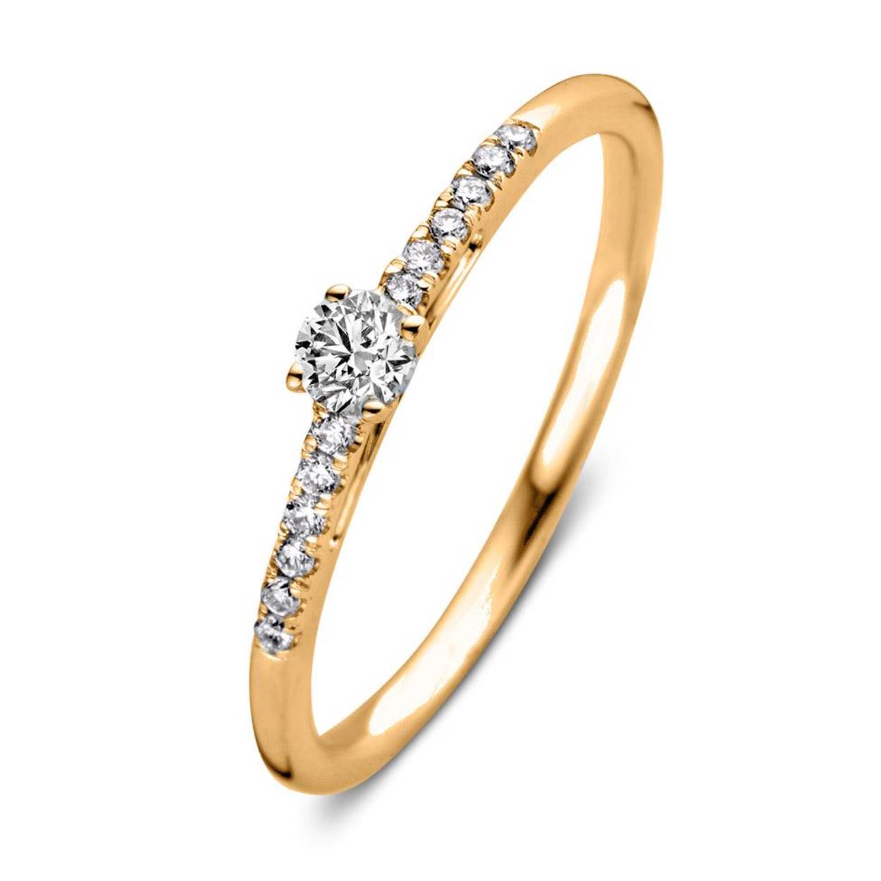 18 Karaat geelgouden Aurore ring met 0.20 crt Lab-Grown Diamonds. Model Mary.
Ring Mary is een absoluut plaatje om te zien. Deze moderne klassieker bevat een prachtige briljant in vierpootszetting omgeven door fijnere briljanten in de scheen. Dankzij de open zetting vangt de diamant veel licht en schittert hij optimaal. Mary is prachtig te combineren met  een gladde of diamanten rijring. Probeer haar voor extra sparkle bijvoorbeeld eens samen met ring Millie. Kies zelf de gewenste steengrootte van jouw diamanten. Ring Mary is in verschillende maten verkrijgbaar. 