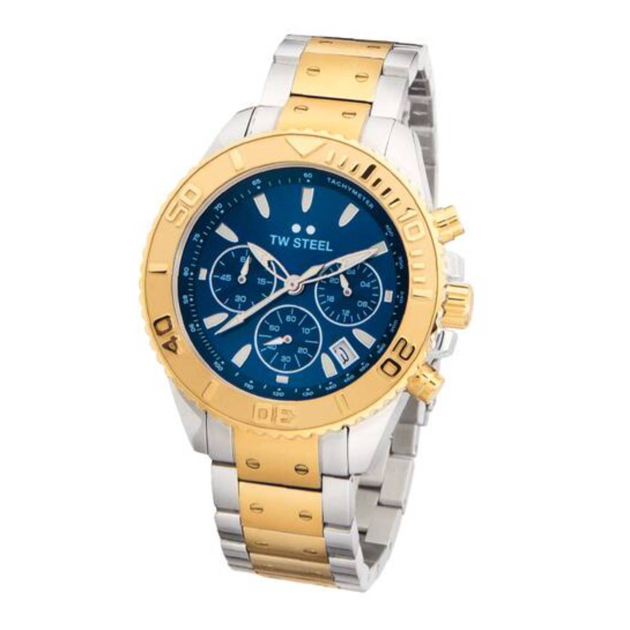 TW Steel Vanceur Diver TWVA8 Staal 42mm
Deze TW steel uit de Vanceur Diver serie met nr TWVA8 wil je zeker in je collectie hebben. De TWVA8 valt op door zijn ronde stalen kast met een goudkleurige gekartelde bezel met tachymeter en de goudkleurige knoppen en schroefkroon. Het stoere horloge heeft een blauwe wijzerplaat met een datum en een chronograaf. De wijzers en uursaanduiding zijn ingelegd met lumibrite. Aan de stalen kast zit een opvallende stalen bicolor schakelband met vouwsluiting. Het horloge heeft wereldwijde garantie van 2 jaar en is 10ATM. Een casual model.

Het Merk:
TW Steel is een Nederlands horlogemerk. Groot in visie en ongeëvenaard in stijl. Sinds onze oprichting in 2005 geven wij tijd een nieuwe dimensie. Met karakteristieke designs stappen wij af van de gebaande paden.
Ons bereik is wereldwijd, of het nu zakelijk, casual of sportief is, bij de horloge collectie van TW Steel gaat het om kwaliteit en precisie. Een horloge dat je persoonlijkheid onderstreept is altijd binnen handbereik. Vorm en functie gaan samen in onze horloges van Zwitserse top kwaliteit. De kunst om je te onderscheiden vergt zelfvertrouwen en lef.
TW Steel is niet zomaar een horloge, TW Steel is een statement.

Specificaties:
- Ronde horloge kast 42mm
- Blauwe wijzerplaat 
- Stalen schakelband
- Gehard mineraalglas
- Schroefkroon
- 10ATM
