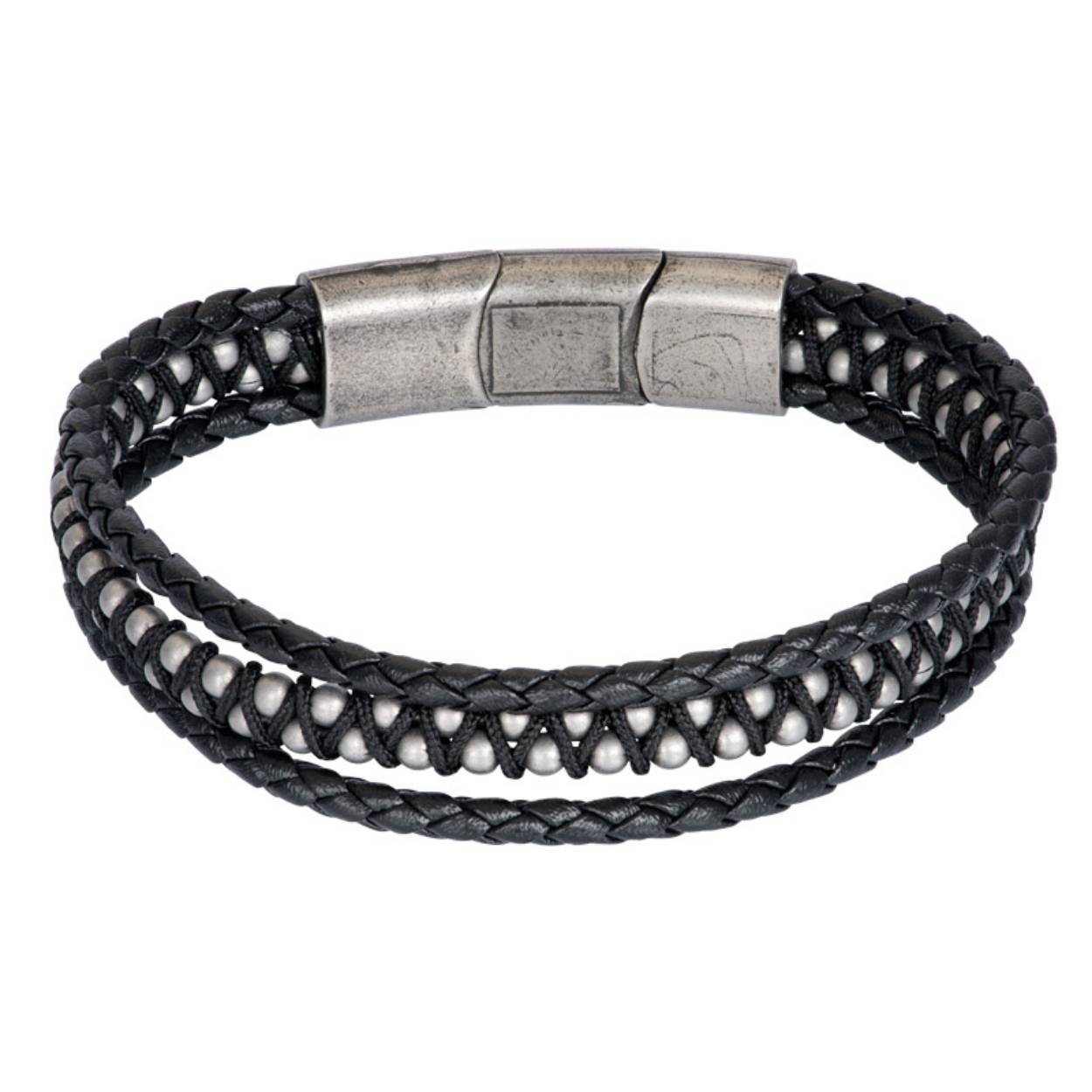 De iXXXi MEN armband Harley bestaat uit een combinatie van zwart leer en antiek zilverkleurige details gemaakt van stainless steel. De bracelet bestaat uit drie smallere armbanden met verschillende designs die samenkomen bij de sluiting en zo één armband vormen. Twee armbanden bestaan enkel uit zwart leer die een smal, rond en gevlochten design hebben. De derde armband bestaat uit een combinatie van zwart leer en antiek zilverkleurige balletjes die in een patroon zijn geweven. Bracelet Harley heeft een rechthoekige, stalen sluiting in de kleur antiek zilver. De iXXXi heren armband Harley is verstelbaar in de maten 20 en 21. Mix en match met verschillende armbanden uit de iXXXi MEN collectie en maak zo jouw look compleet!