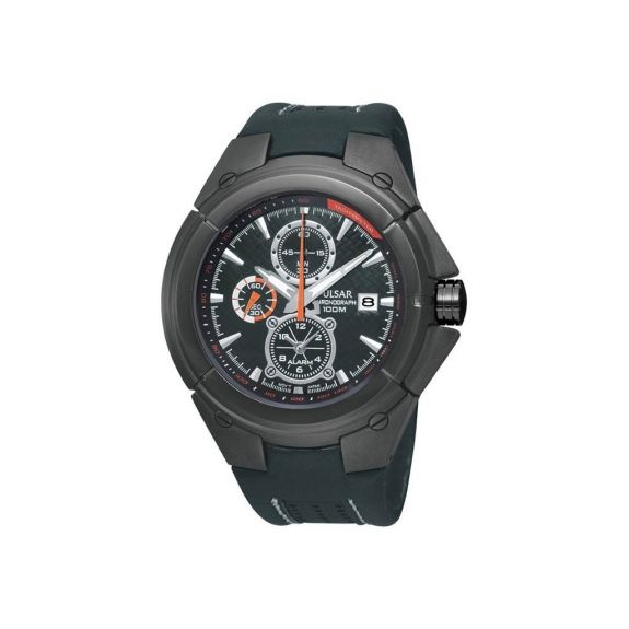 Een zwart heren horloge met chronograaf van Pulsar. Het horloge heeft een zwarte kast, met oranje details en een zwarte leren band.