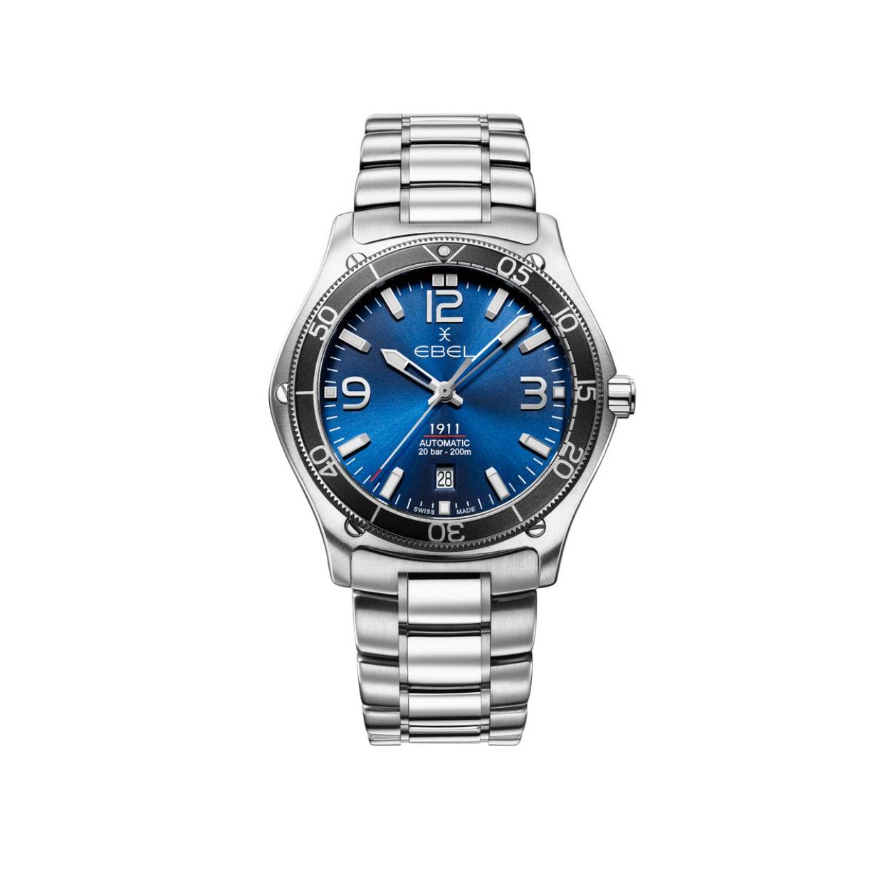 EBEL 1911 - 1216587 heren polshorloge. Edelstalen kast  met roterende kast ring Ø 42mm. Blauwe wijzerplaat met met Arabische cijfers en indexen met Super-LumiNova®. Datum venster op 6 uur. Ontspiegeld Saffier glas. Saffier glazen achter deksel. Edelstalen band met klap sluiting. Wordt geleverd met een extra kunststof band van gerecycled Ocean plastic. Zwitsers uurwerk Mechanisch Automaat. 20 ATM waterdicht.